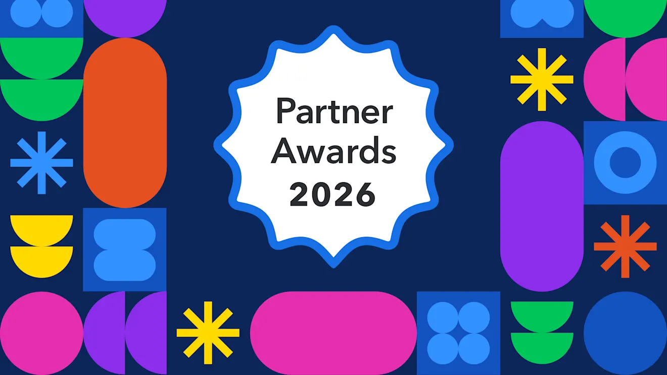 Colorful geometric shapes on a dark blue background surround a white badge reading Partner Awards 2026.