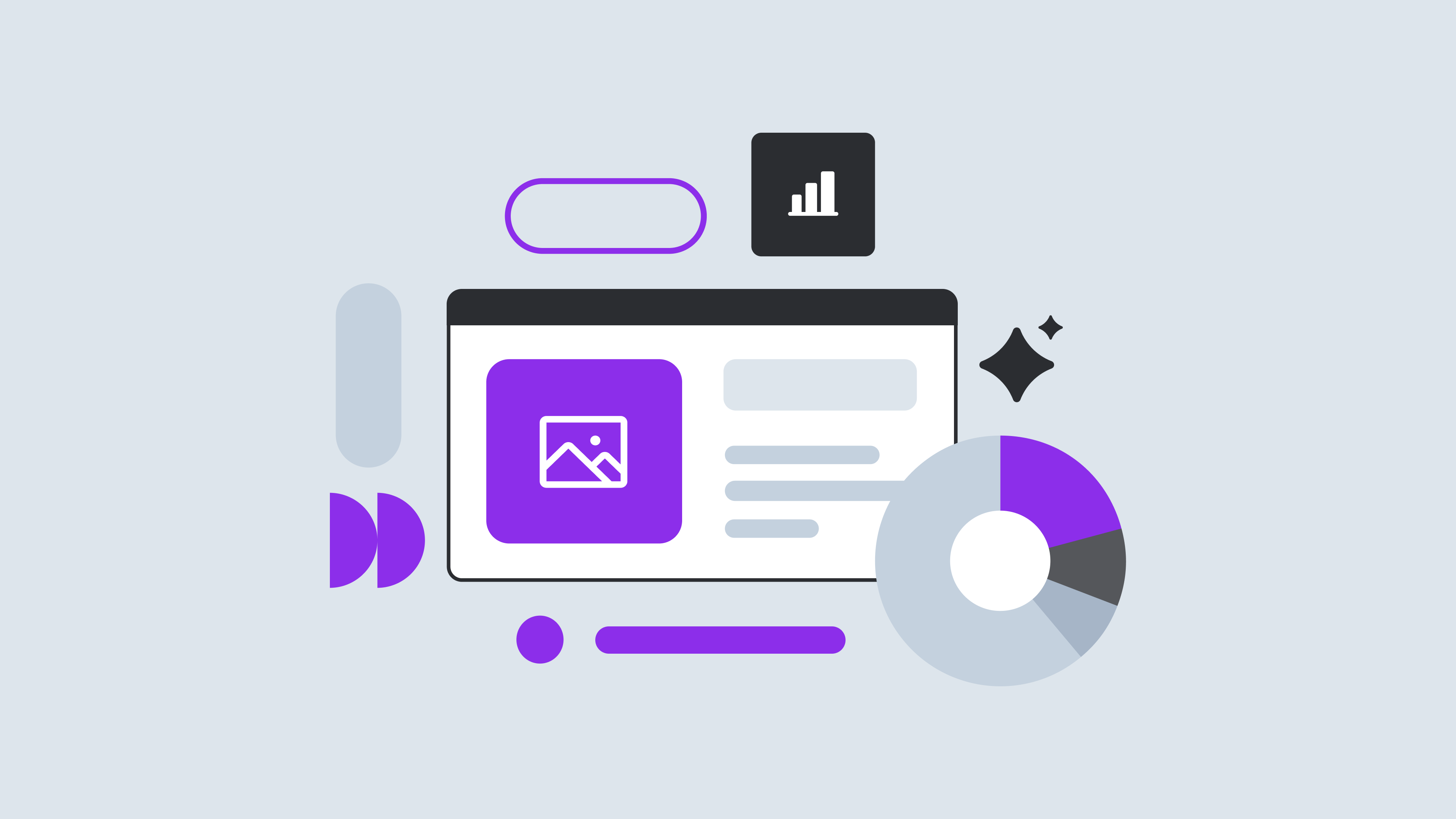 Minimalist illustration of analytics dashboard with purple image placeholder, pie chart, and data visualization elements