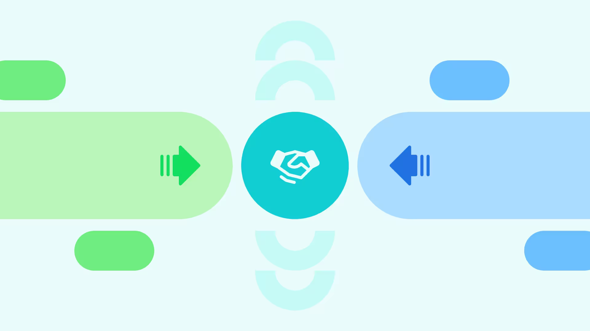 A teal circle with a handshake icon centered between green and blue shapes with opposing arrows, symbolizing partnership or data exchange.