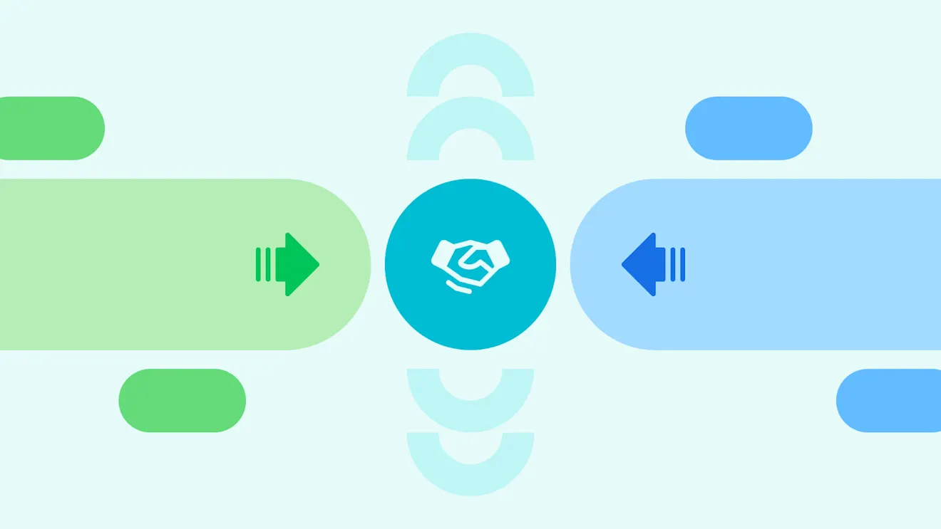 A teal circle with a handshake icon centered between green and blue shapes with opposing arrows, symbolizing partnership or data exchange.