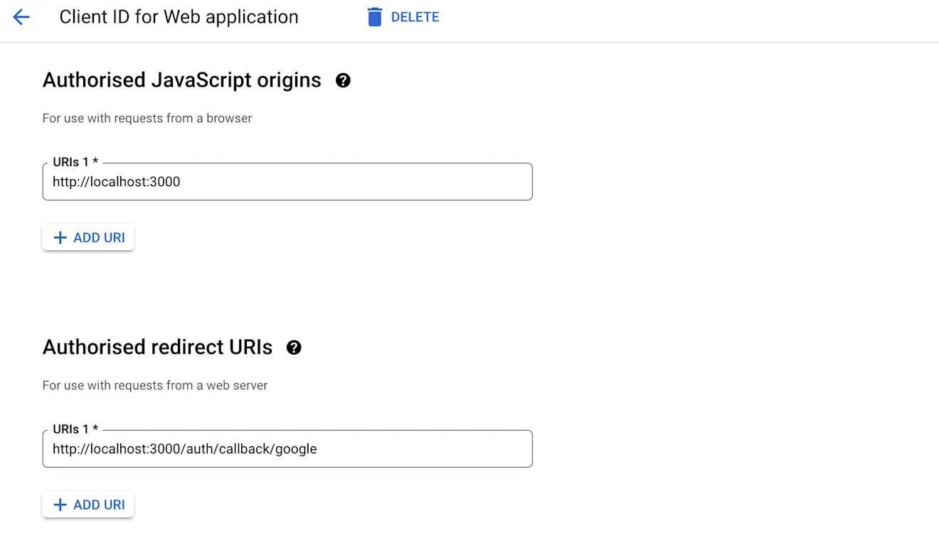 Get the Google authentication provider API credentials 