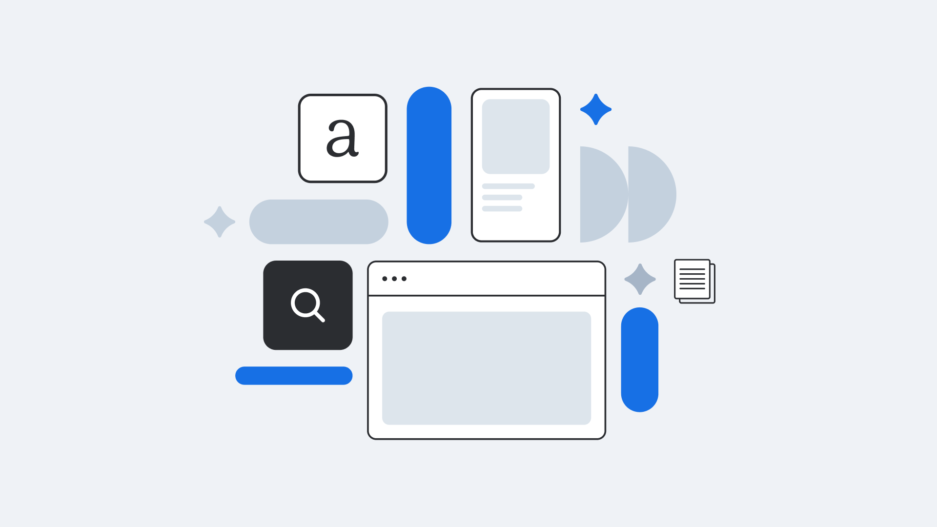 Abstract illustration showing search functionality with a magnifying glass icon and text input fields in blue and light gray colors