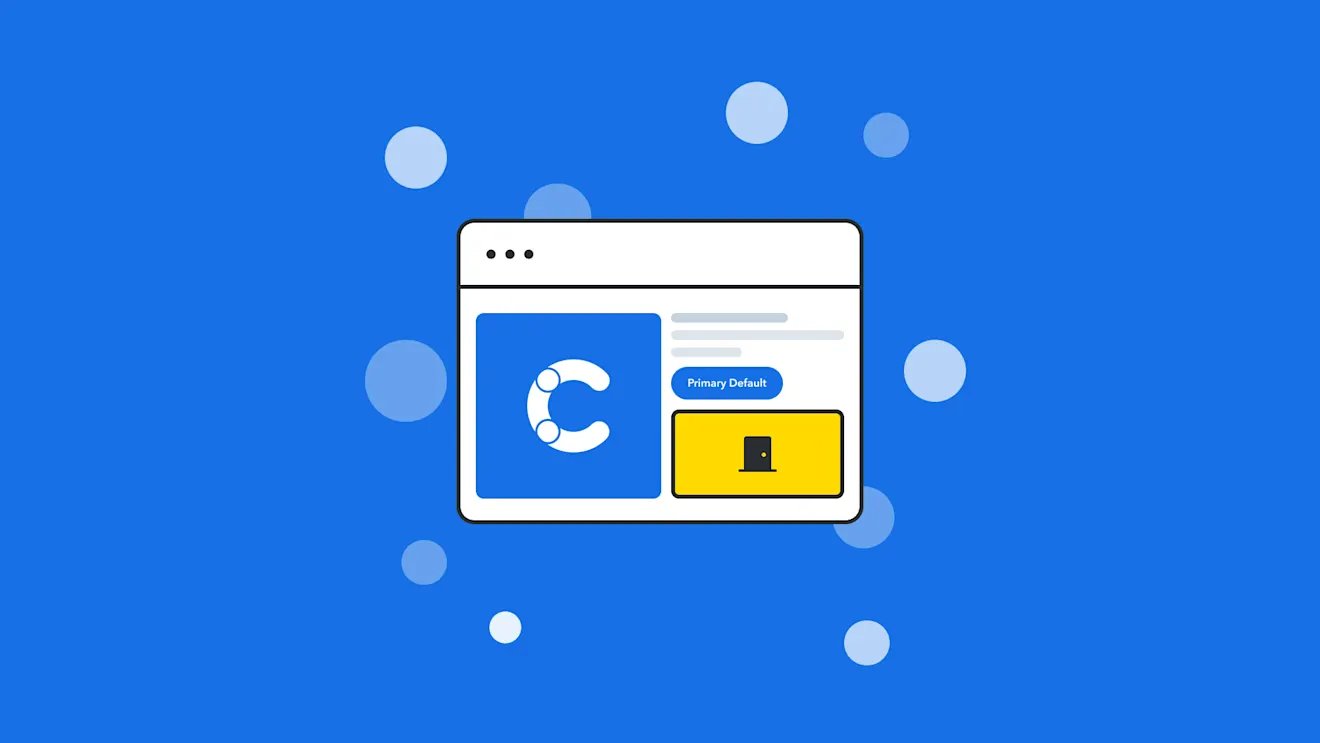 Browser window on blue background showing white letter C logo, blue button labeled Primary Default, and yellow save icon.