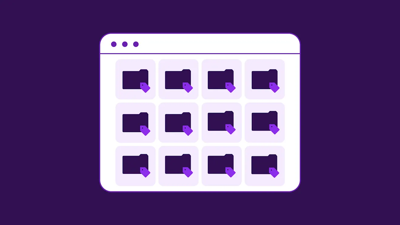 Grid of twelve purple download icons arranged in three rows within a white window interface on a dark purple background