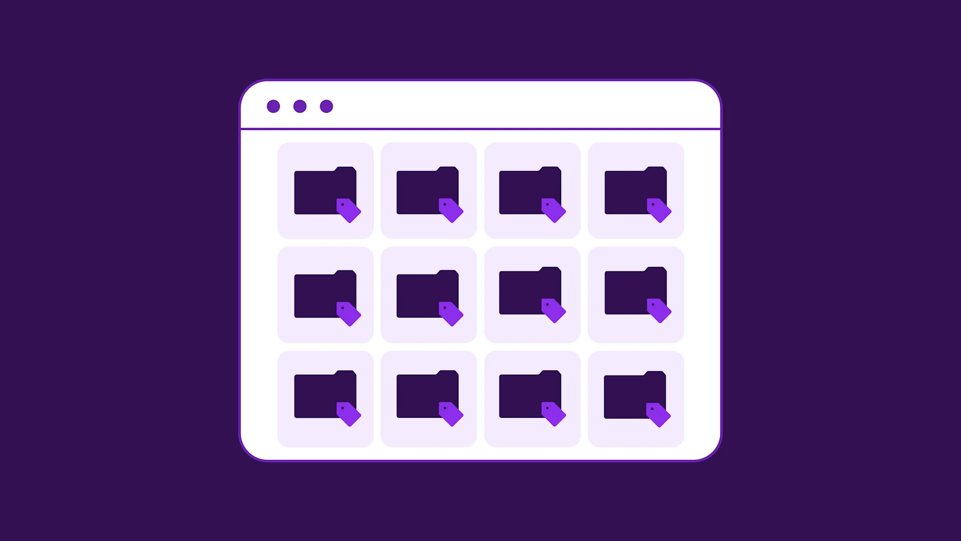 Grid of twelve purple download icons arranged in three rows within a white window interface on a dark purple background