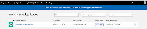 Finished knowledgebase on the QnA maker