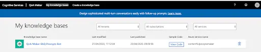 Finished knowledgebase on the QnA maker