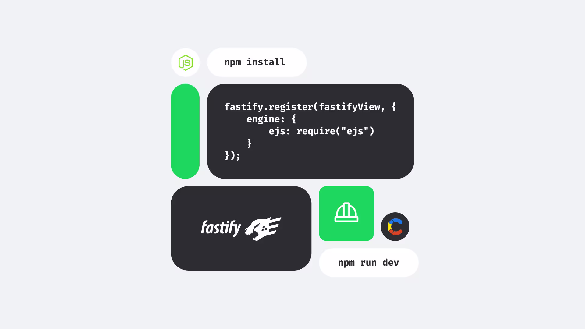 Illustration showing Fastify setup with npm commands, code snippet for registering EJS engine, and Fastify logo on gray background
