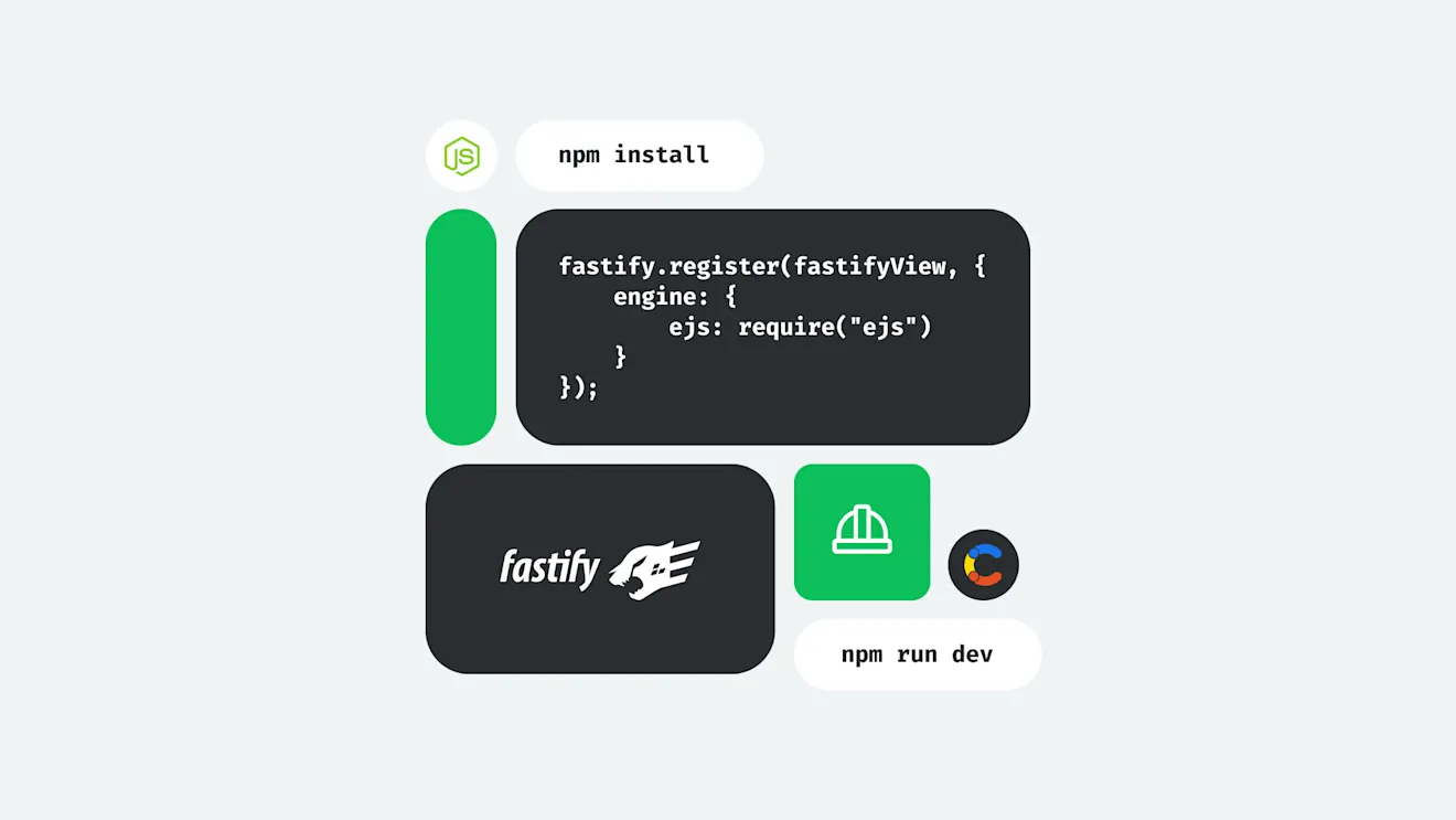 Illustration showing Fastify setup with npm commands, code snippet for registering EJS engine, and Fastify logo on gray background