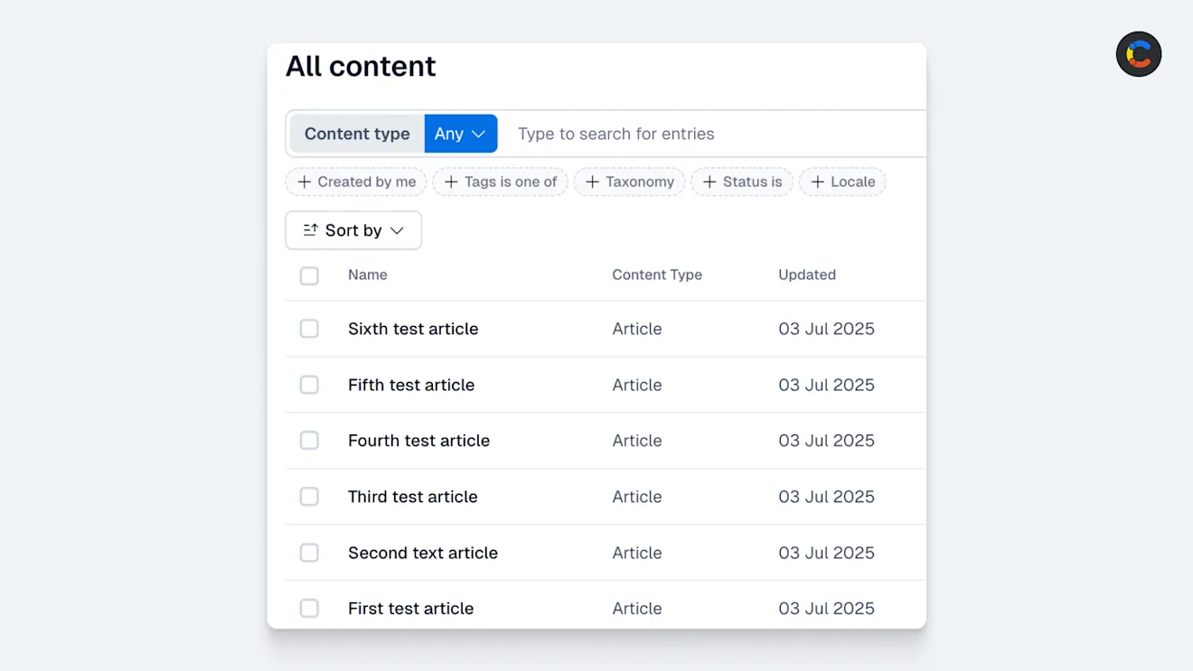 A screenshot showing many entries for the Article content type.