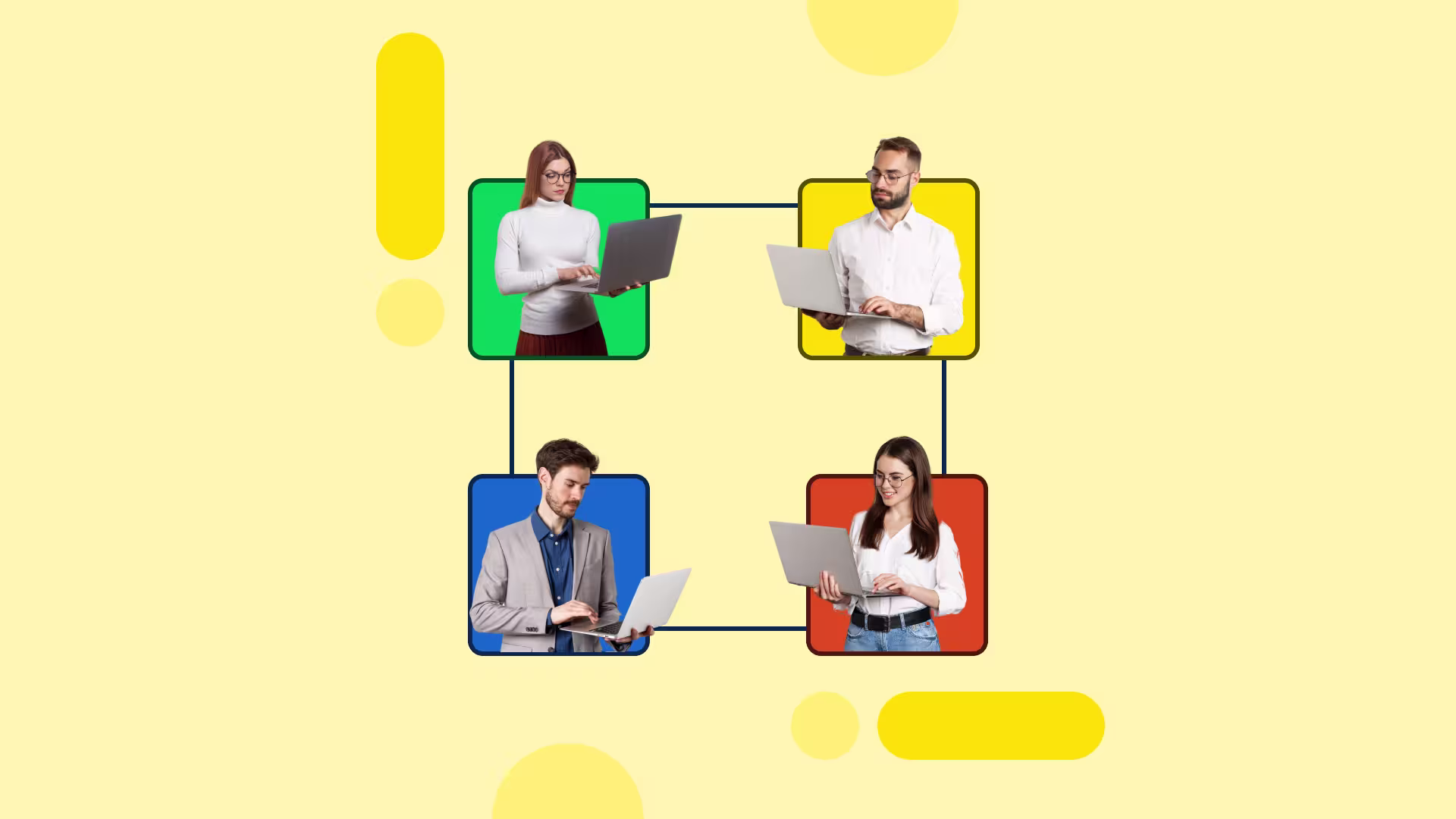 Image of a network of people working at their laptops, connected by round-cornered lines, like the original header image zoomed out and flattened, to show them working at distance but connected.
