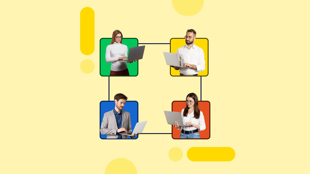 Image of a network of people working at their laptops, connected by round-cornered lines, like the original header image zoomed out and flattened, to show them working at distance but connected.