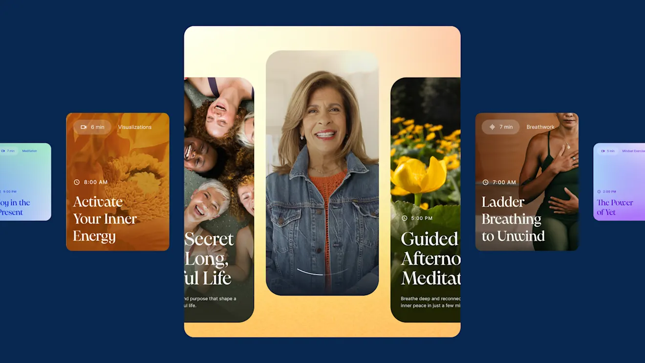 Mobile app interface showing meditation and wellness content cards with various guided sessions and breathing exercises.