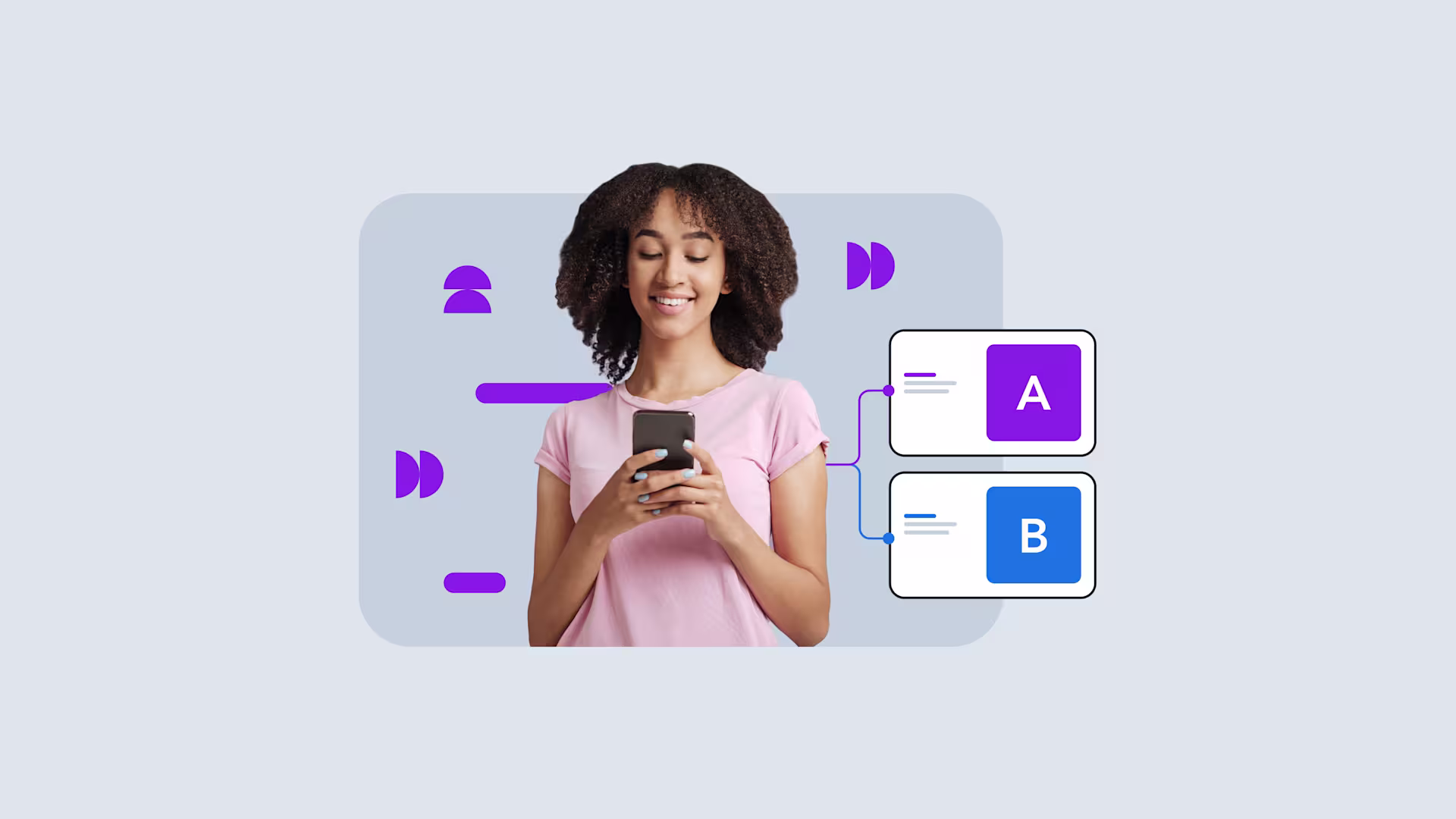 Person in pink shirt using smartphone, with purple and blue UI elements showing A/B testing options on light background