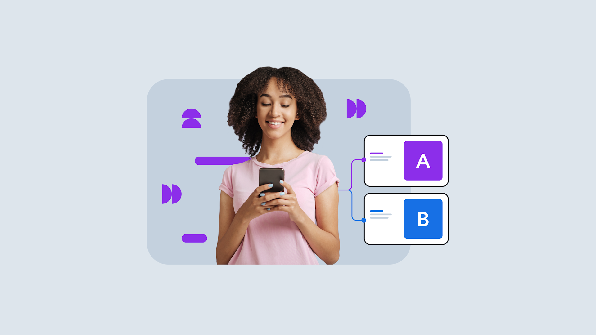 Person in pink shirt using smartphone, with purple and blue UI elements showing A/B testing options on light background
