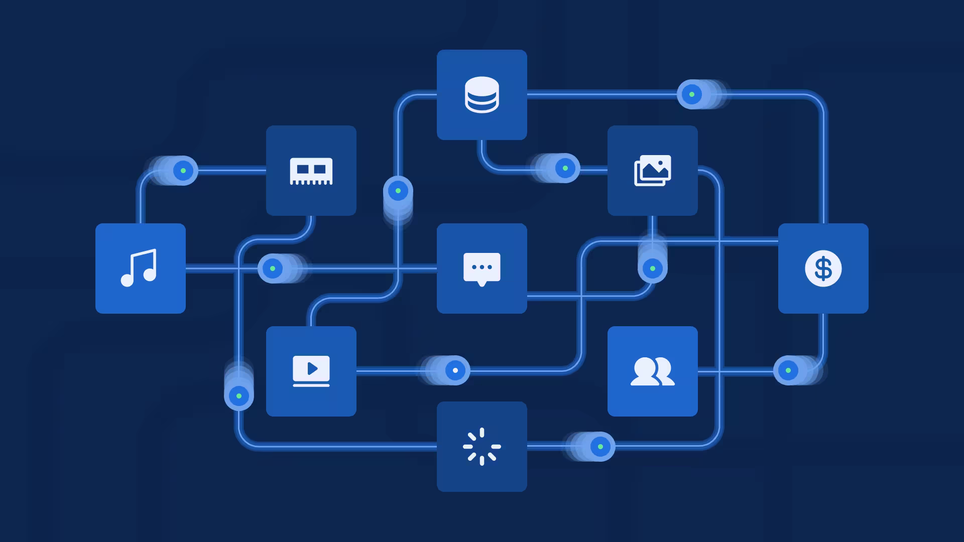 Interconnected blue icons representing digital services like music, video, chat, and payments, linked by glowing connection points on dark background