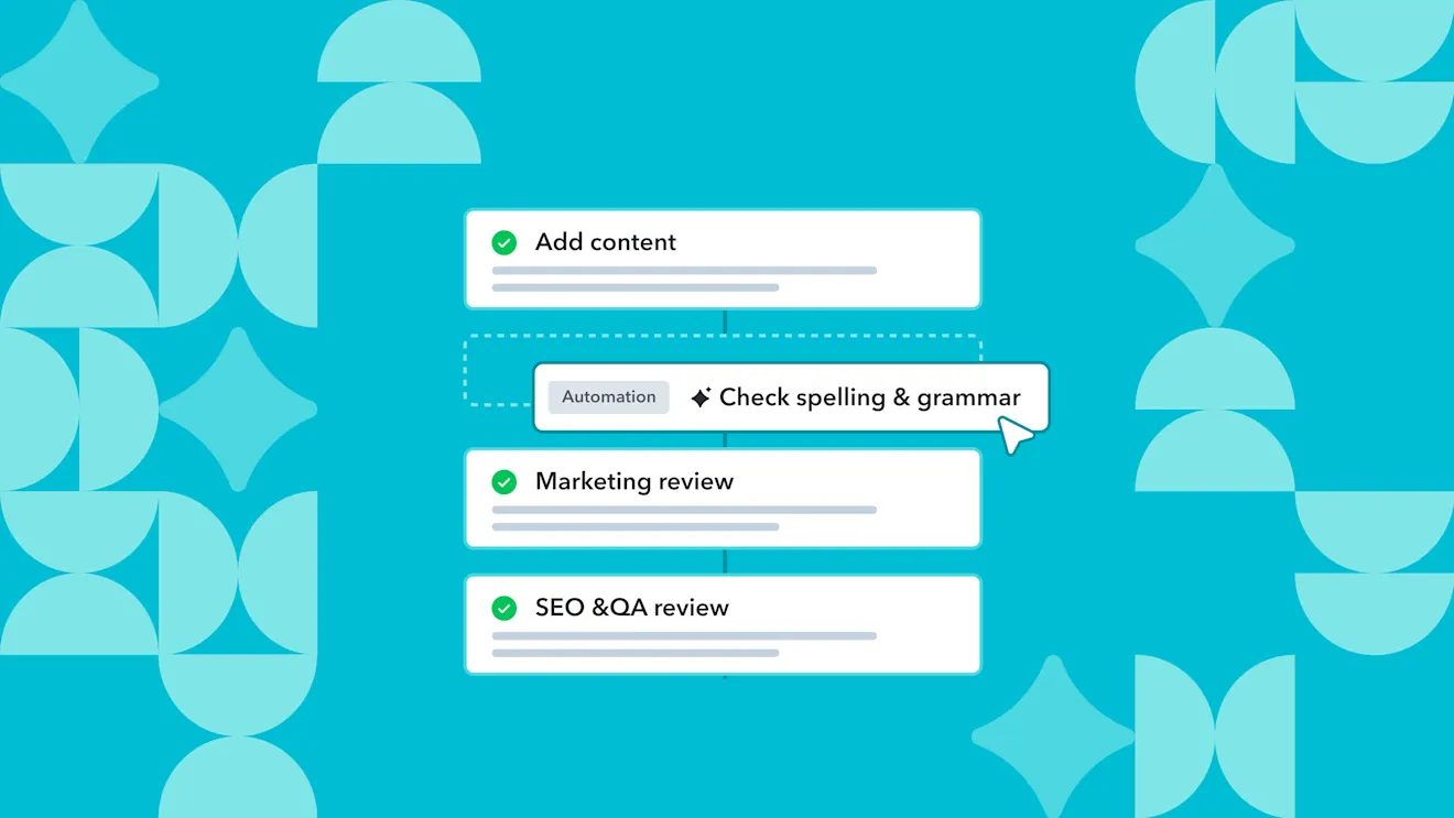 Content workflow interface showing automation for spelling and grammar check between add content, marketing review, and SEO tasks.