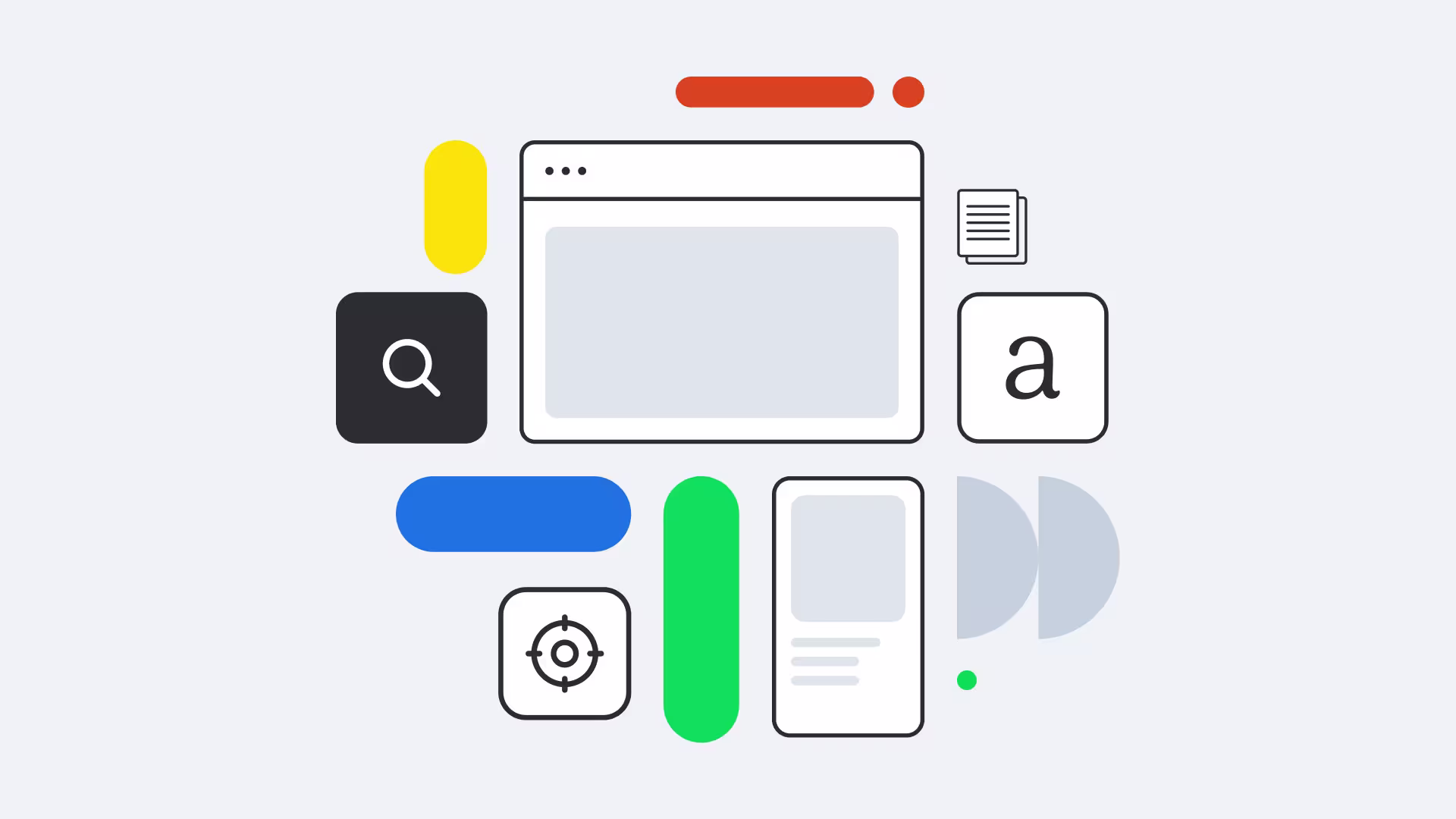 Minimalist illustration showing browser window, search icon, target icon and text elements with colorful geometric shapes in background