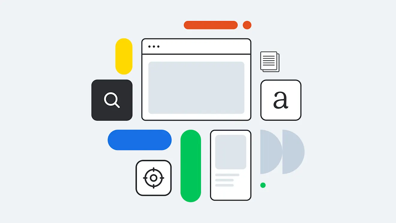Minimalist illustration showing browser window, search icon, target icon and text elements with colorful geometric shapes in background