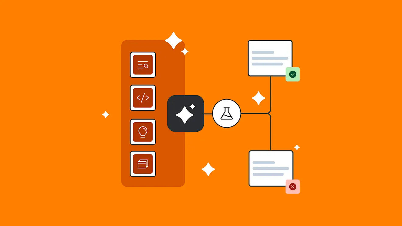An orange illustration showing AI-powered workflow with icons, a sparkle symbol, lab flask, and branching results showing pass and fail outcomes.