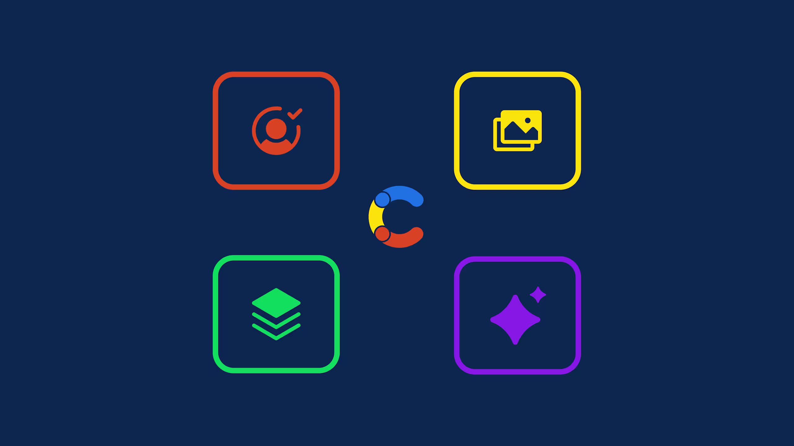 Four colorful app icons in orange, yellow, green, and purple arranged in a square pattern on a dark blue background