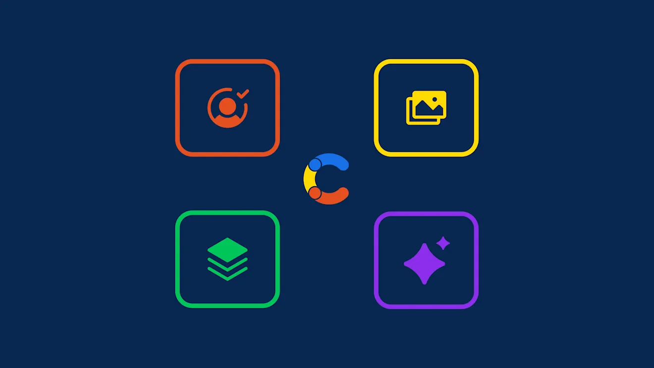 Four colorful app icons in orange, yellow, green, and purple arranged in a square pattern on a dark blue background