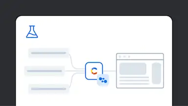 Illustration showing a blue laboratory flask icon above a wireframe interface design with text blocks and a small colorful circular logo