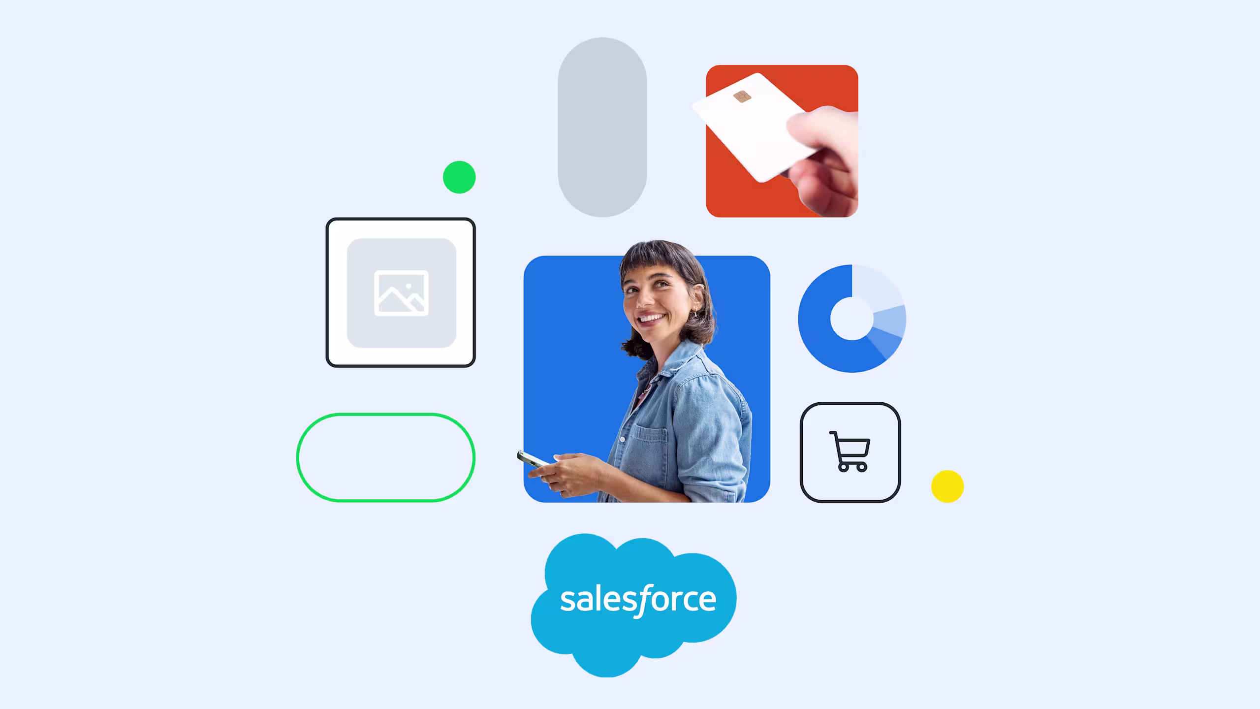 Salesforce interface mockup with icons for shopping, analytics, and payments, featuring a person using a mobile device against blue background