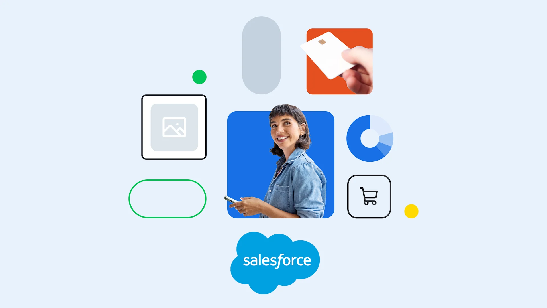 Salesforce interface mockup with icons for shopping, analytics, and payments, featuring a person using a mobile device against blue background