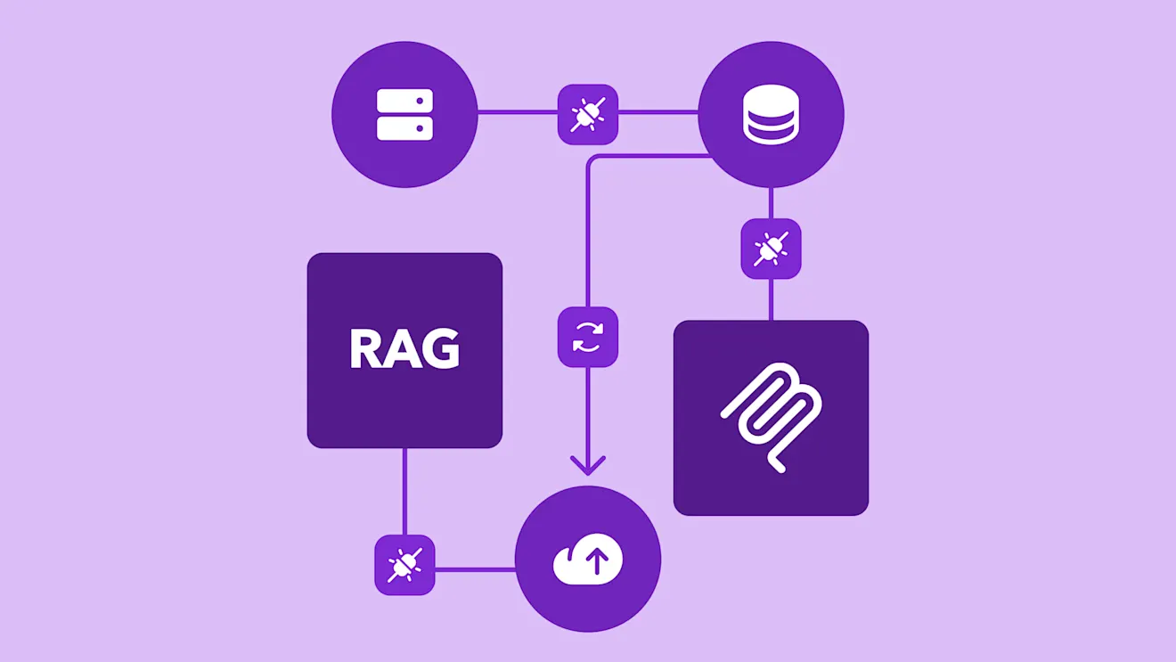 Purple flowchart showing RAG system architecture with connected icons for servers, databases, cloud storage, and AI processing.