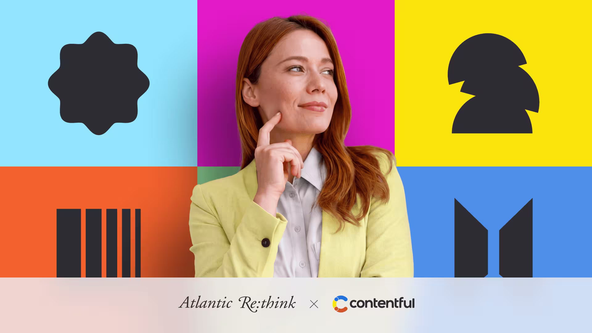 Woman in a yellow blazer looking thoughtful in front of colorful abstract shapes, with the Atlantic Re:think and Contentful logos below.