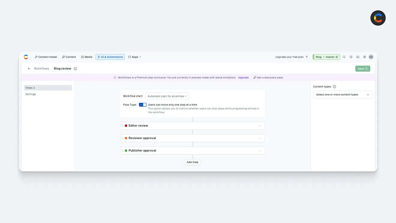 The Contentful workflow editor.