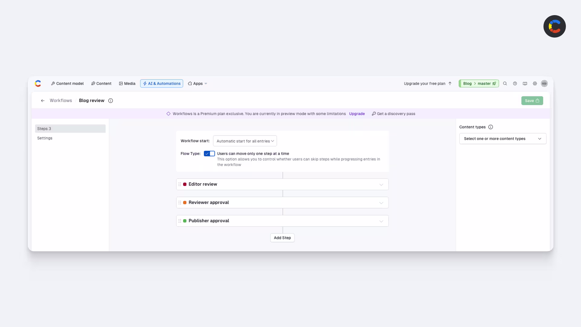 The Contentful workflow editor.