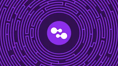 Purple circular logo with white abstract shape surrounded by concentric geometric patterns radiating outward in dark purple background