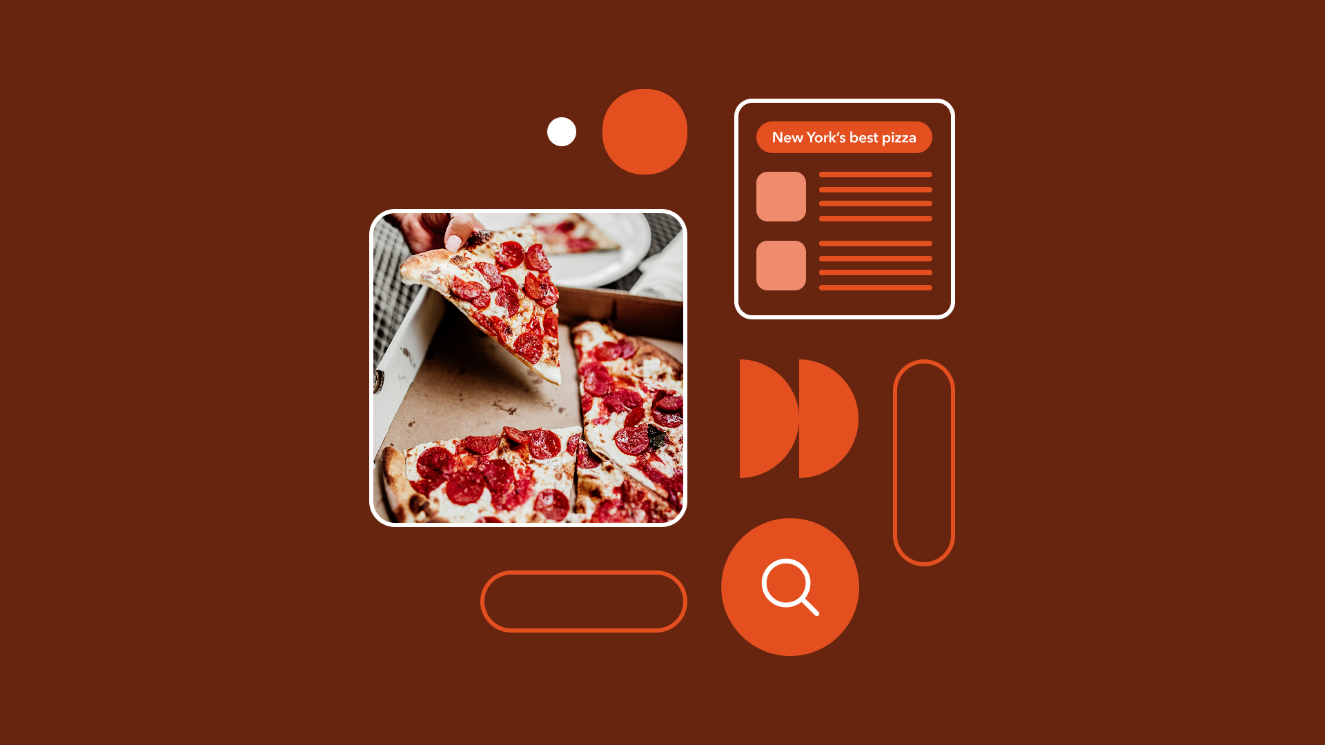 A slice of pepperoni pizza being lifted from a whole pie, with menu interface elements on a dark brown background