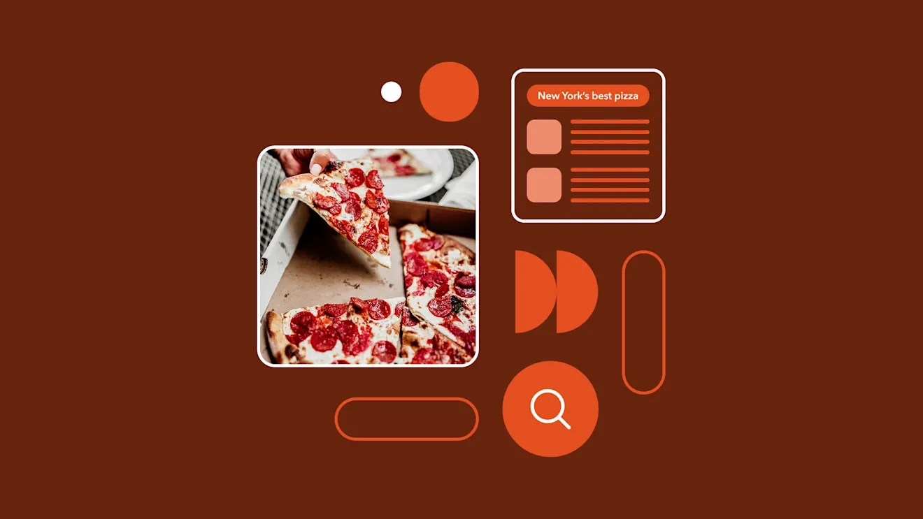 A slice of pepperoni pizza being lifted from a whole pie, with menu interface elements on a dark brown background