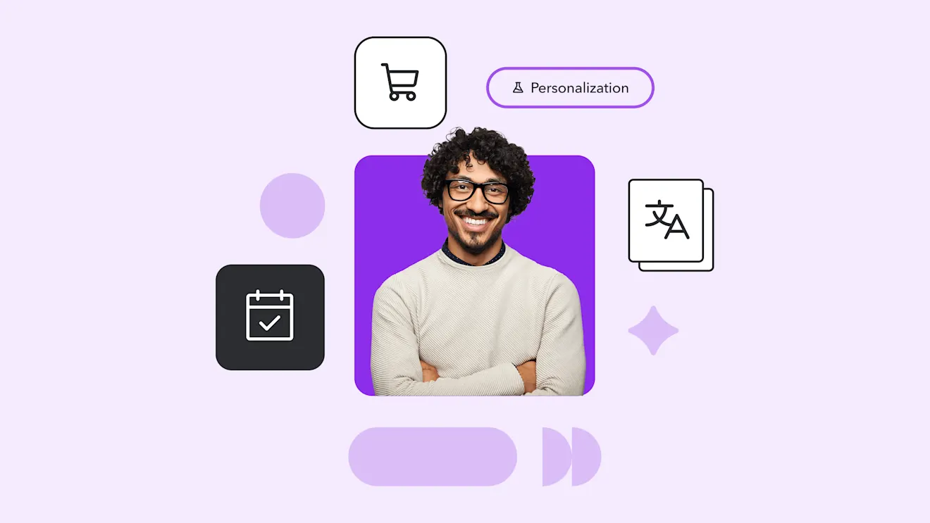 Professional portrait surrounded by icons representing personalization, shopping cart, calendar, and language translation on purple background