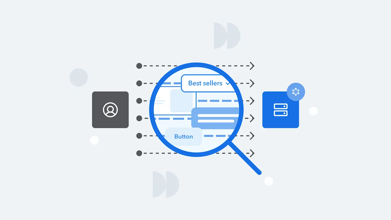 Diagram showing user interface elements connected by dotted lines to a central blue magnifying glass icon, with best sellers and button text