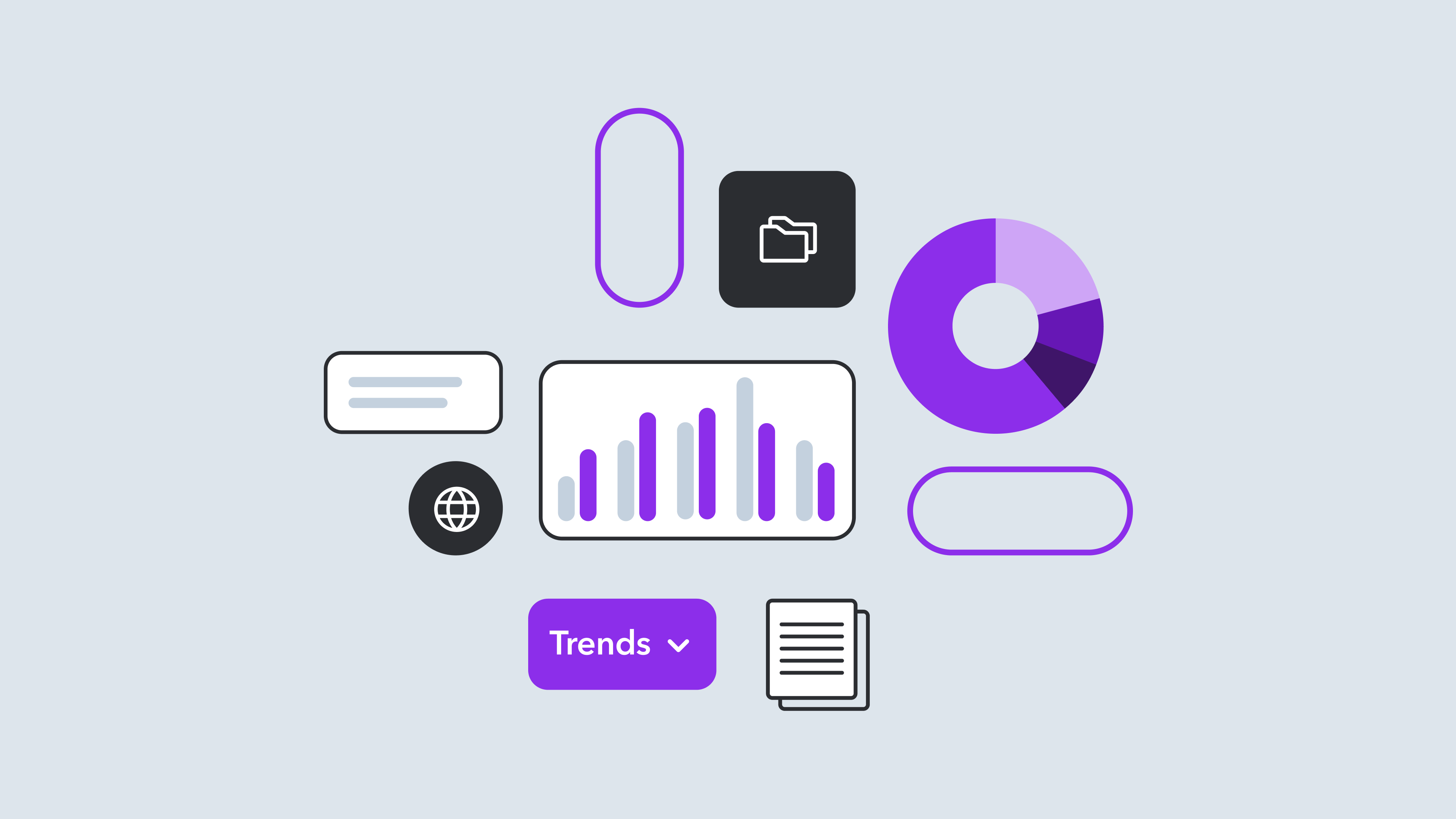 Analytics dashboard interface with purple and gray icons showing bar chart, donut graph, folder icon, and trends button on light background