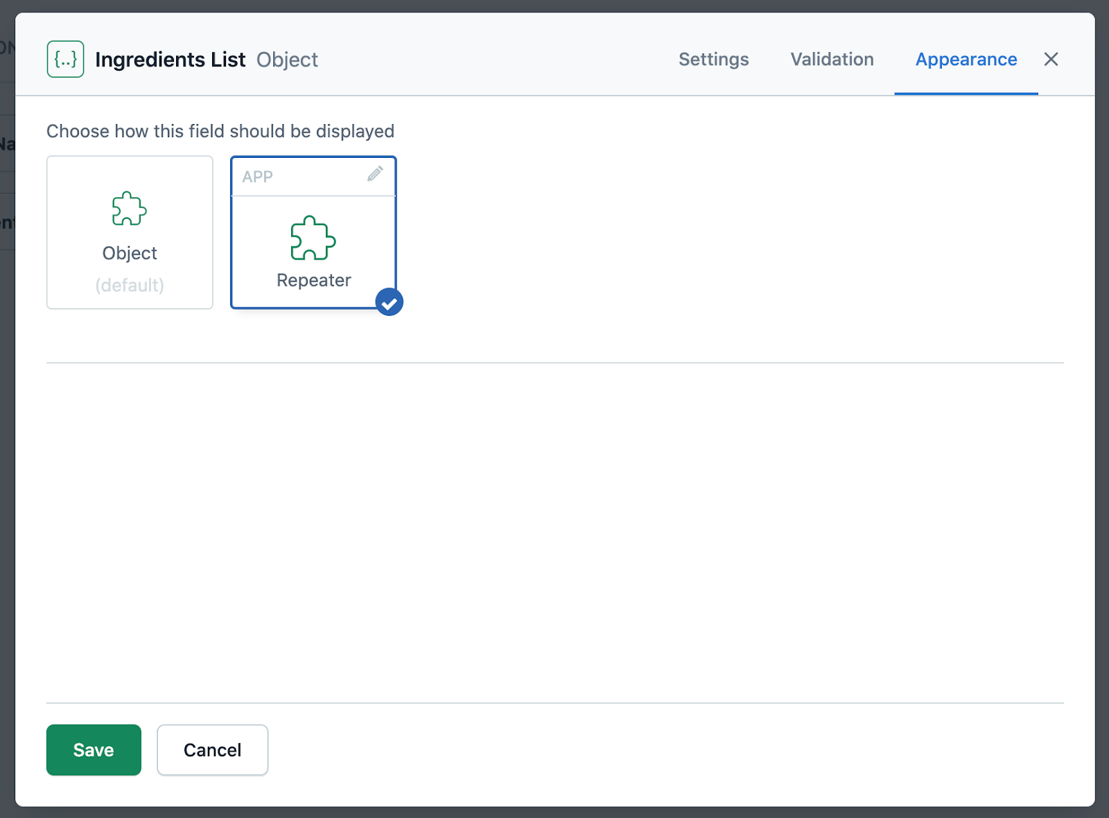Creating a JSON field for the repeater app