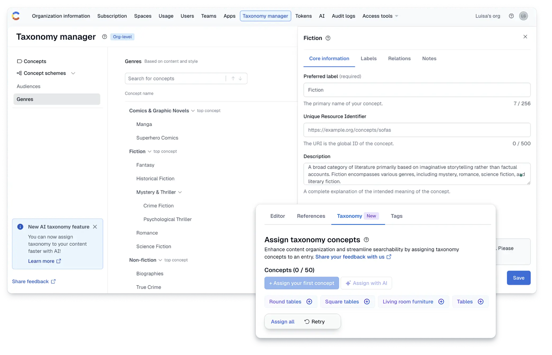 taxonomy manager and AI assign comp - Contentful UI