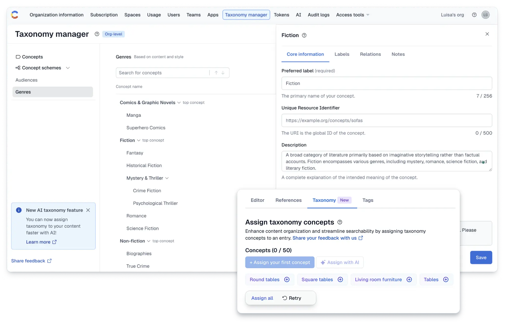 taxonomy manager and AI assign comp - Contentful UI