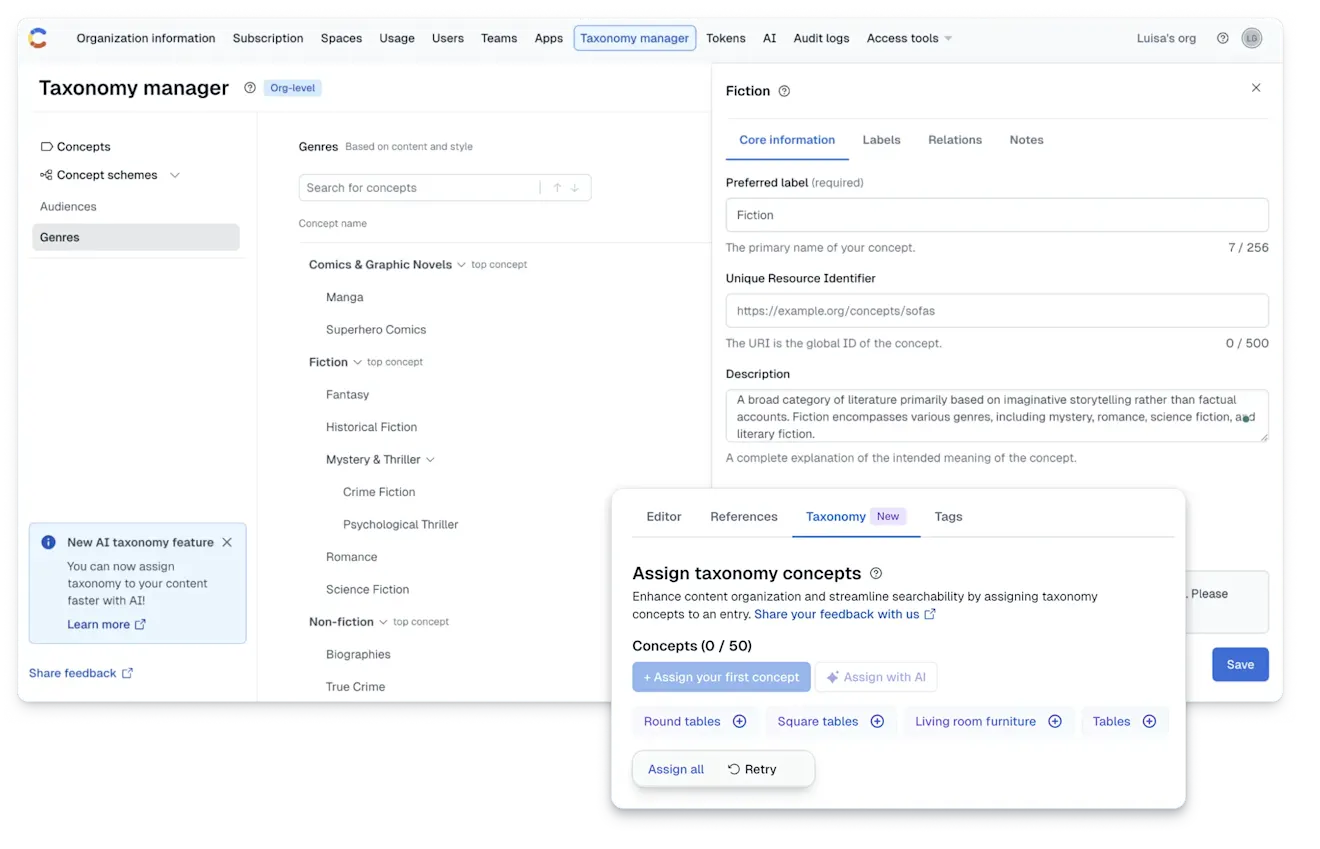 taxonomy manager and AI assign comp - Contentful UI