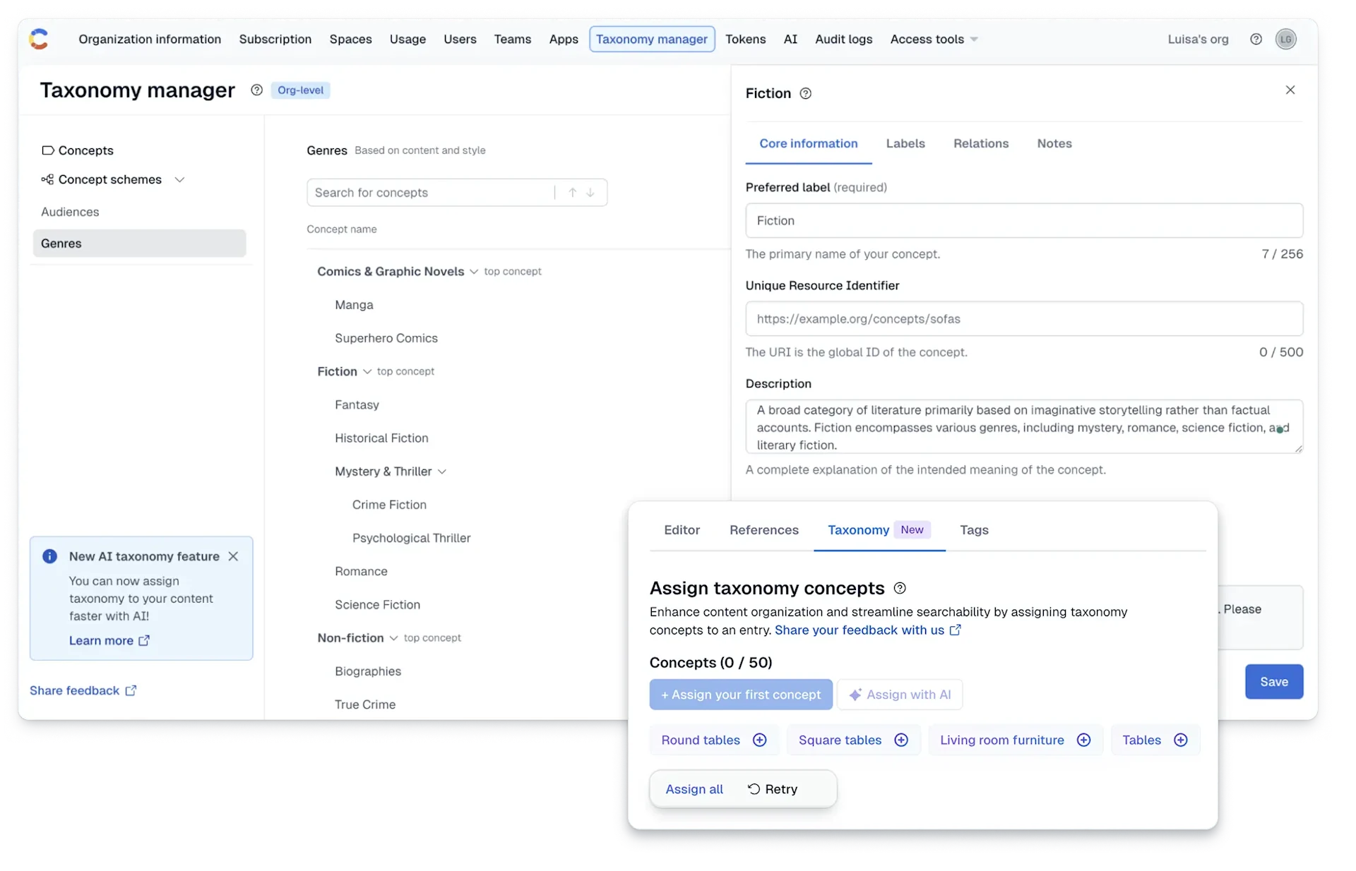 taxonomy manager and AI assign comp - Contentful UI