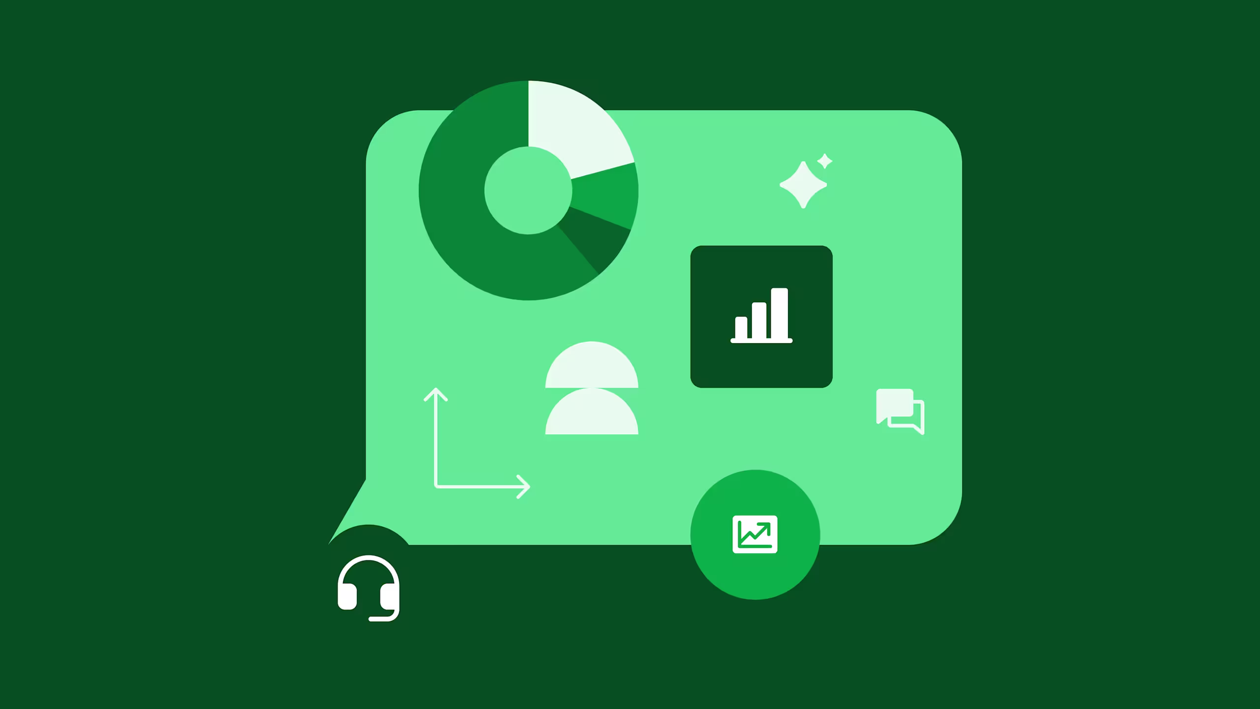 Green illustration showing business analytics icons including pie chart, bar graph, headset, and arrows on a rounded rectangle background