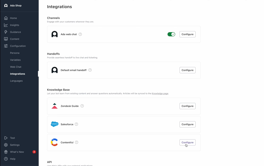 Onboarding Ada with Contentful data