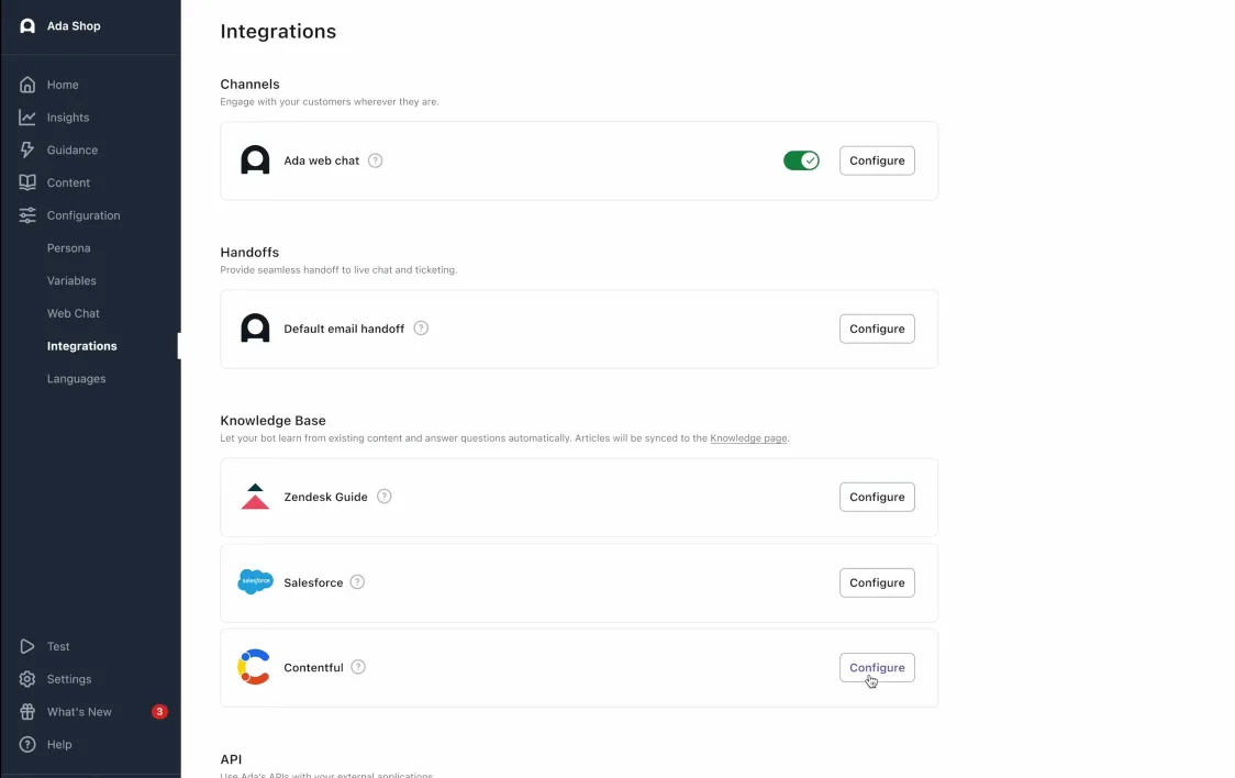 Onboarding Ada with Contentful data