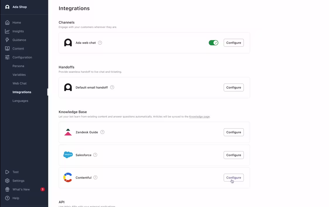 Onboarding Ada with Contentful data