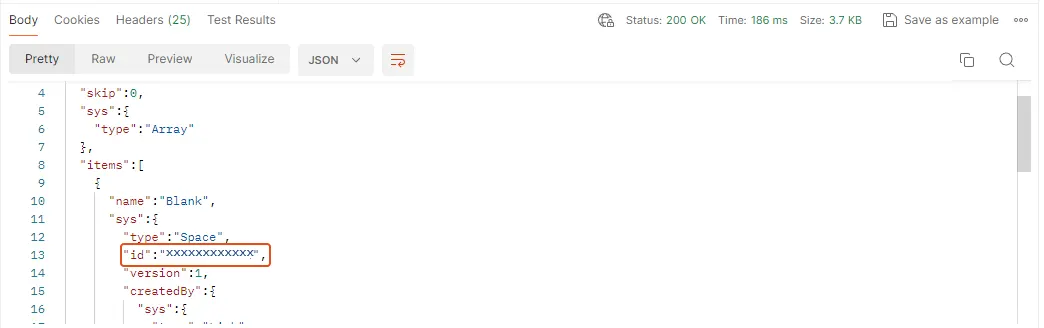Screenshot from Postman showing the returned JSON with the ID field highlighted.
