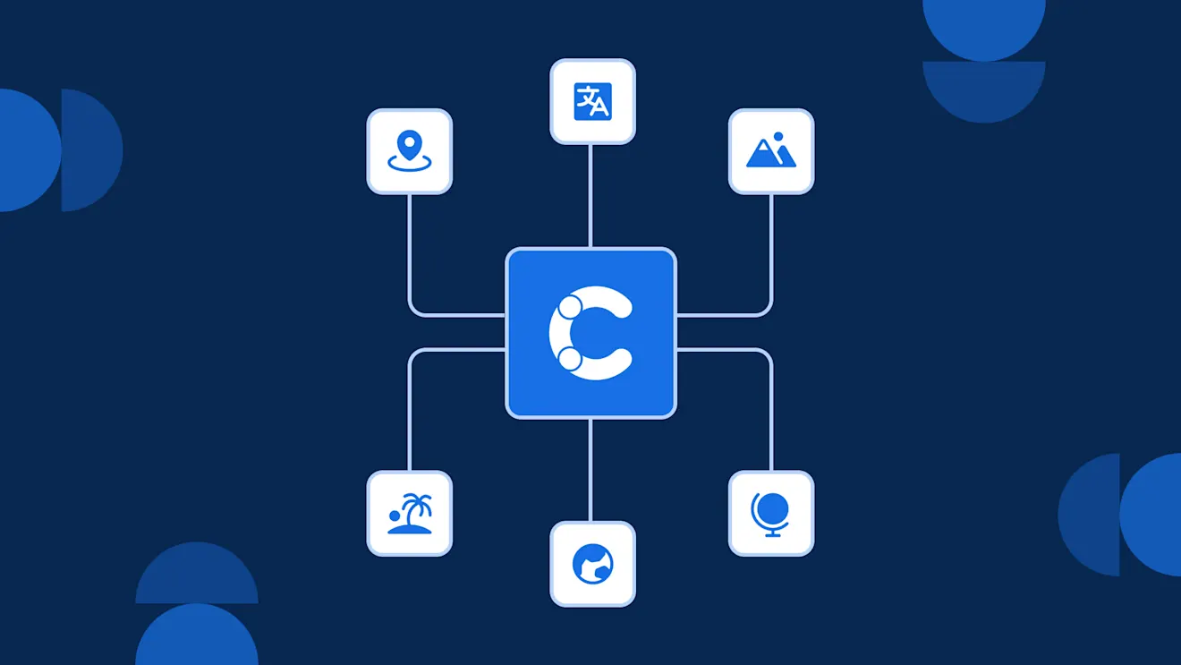 A blue C logo centered, connected by lines to icons representing location, translation, image, globe, map, and travel on a dark blue background.